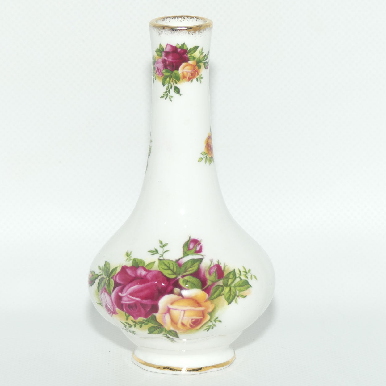 Royal Albert Bone China Old Country Roses narrow neck bud vase | © 1962 Royal Albert Ltd backstamp