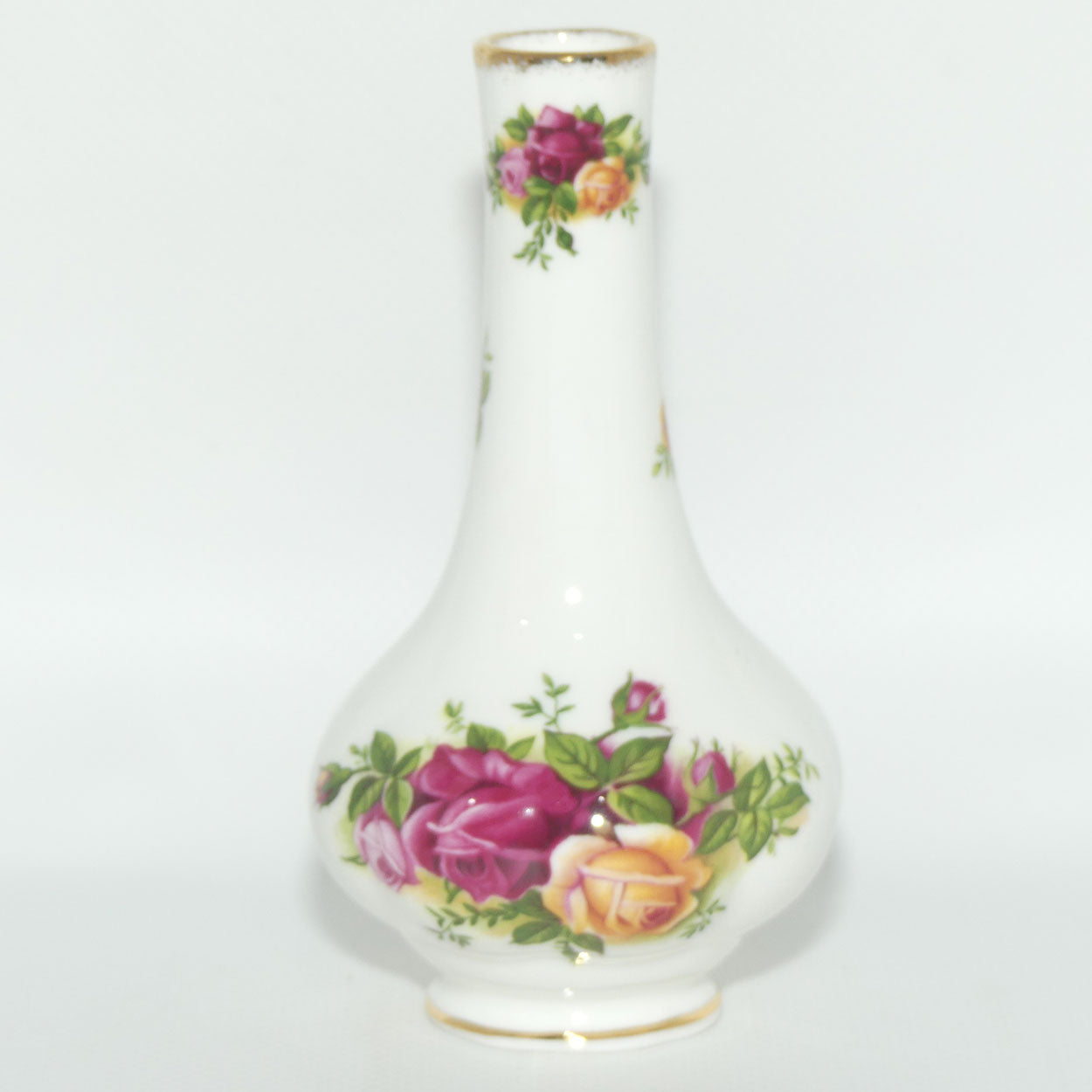 Royal Albert Bone China Old Country Roses narrow neck bud vase | © 1962 Royal Albert Ltd backstamp