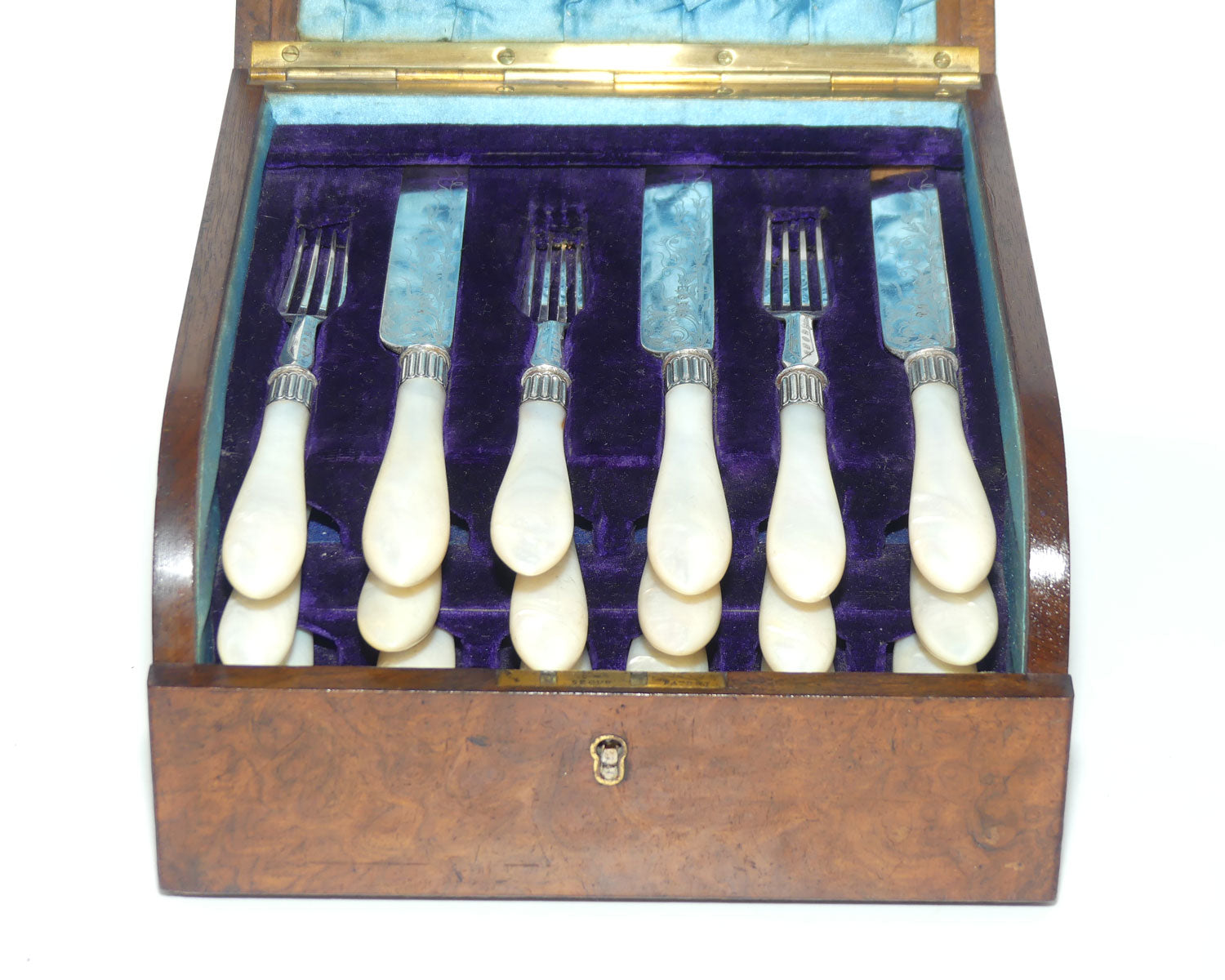Superb set of 12 Mother of Pearl Fruit Knives and Forks in Burr Walnut canteen | John Dixon and Sons