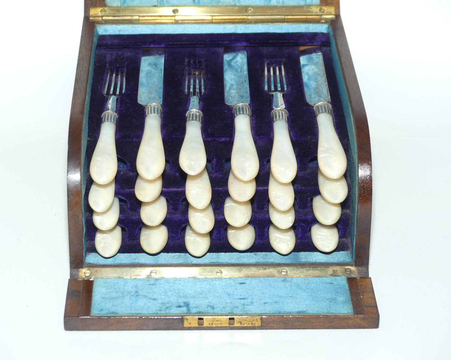 Superb set of 12 Mother of Pearl Fruit Knives and Forks in Burr Walnut canteen | John Dixon and Sons