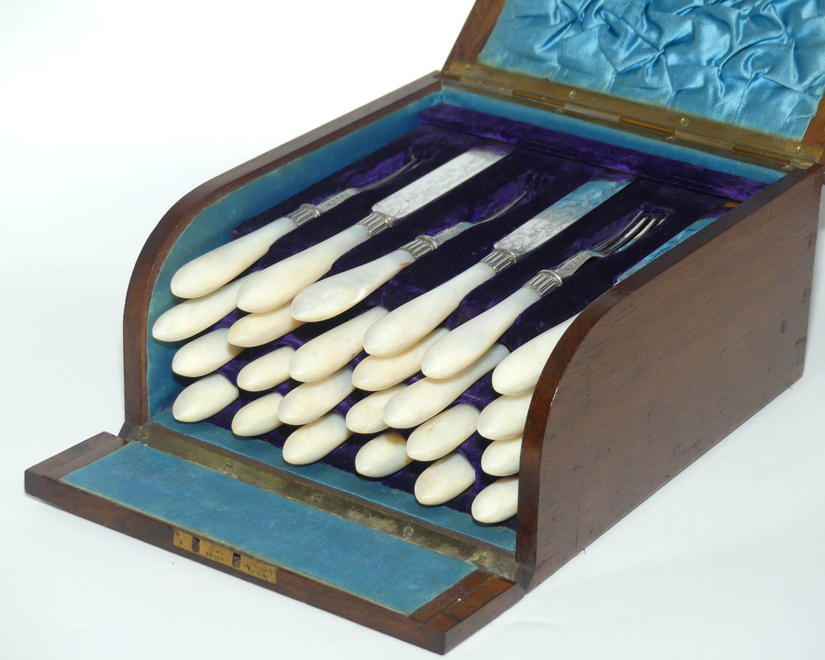 Superb set of 12 Mother of Pearl Fruit Knives and Forks in Burr Walnut canteen | John Dixon and Sons
