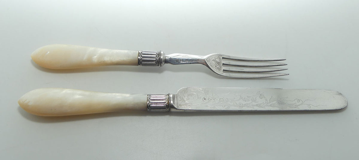 Superb set of 12 Mother of Pearl Fruit Knives and Forks in Burr Walnut canteen | John Dixon and Sons