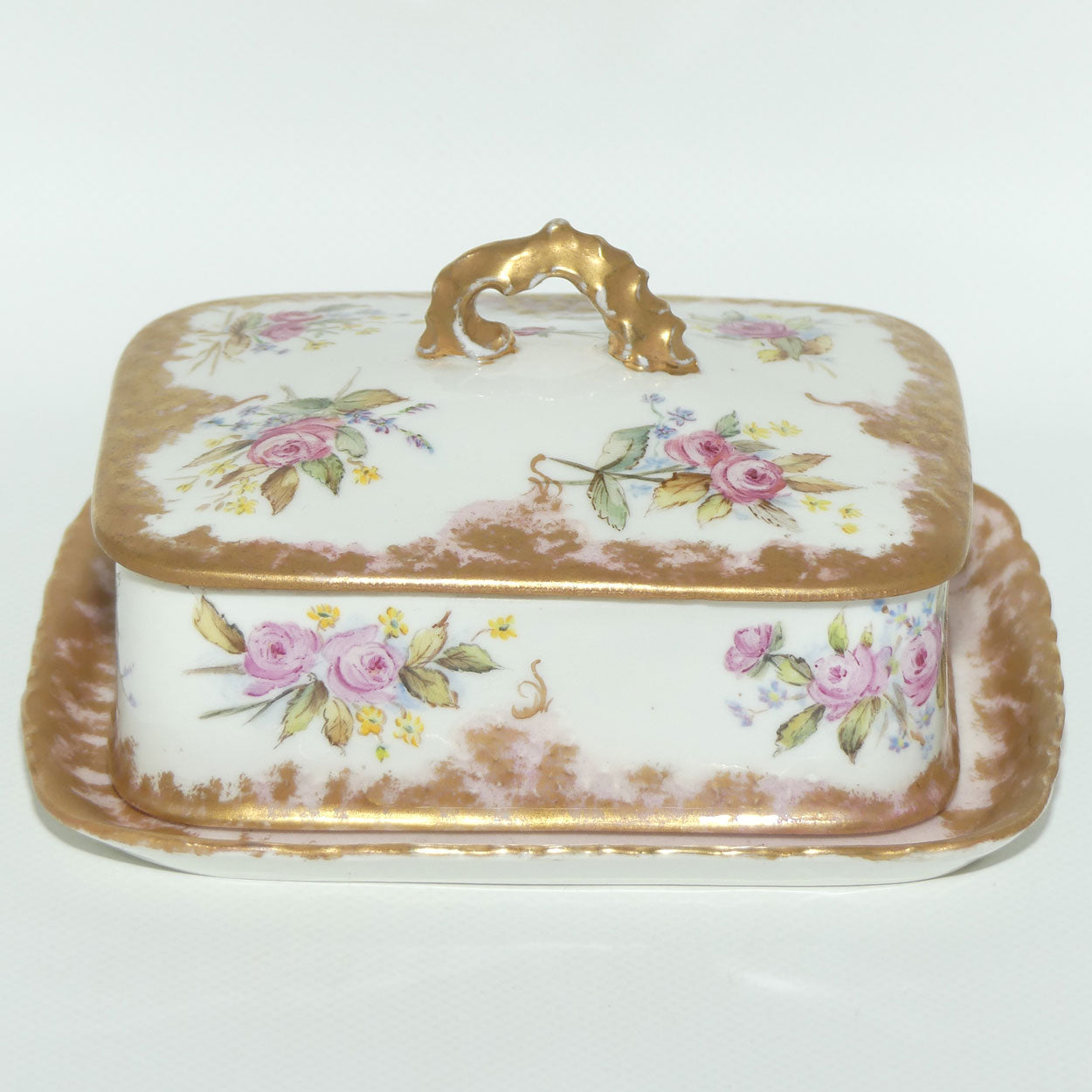 Early Australian China Painted  butter dish and cover on tray | Roses | unmarked Ethel L Thomas
