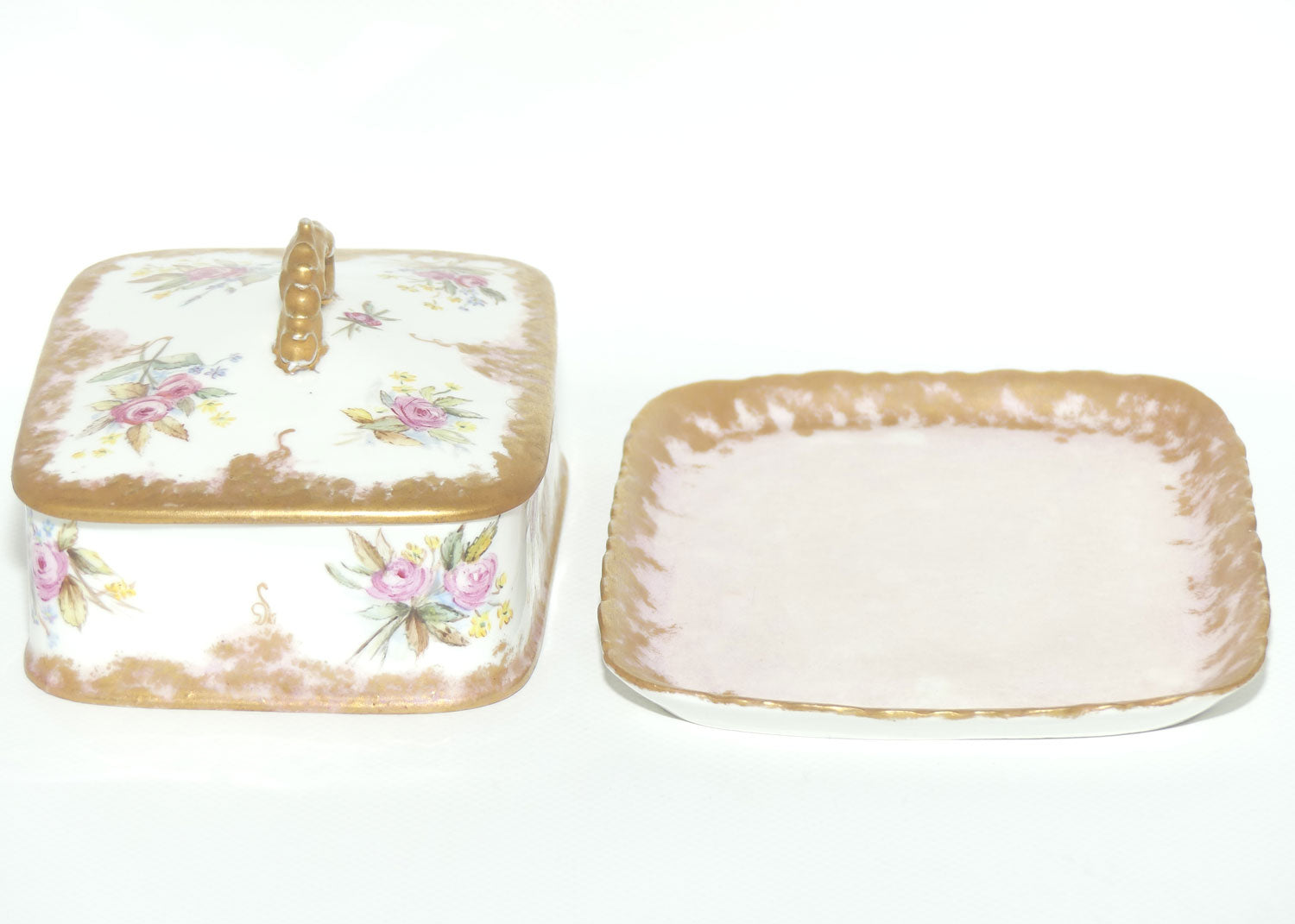 Early Australian China Painted  butter dish and cover on tray | Roses | unmarked Ethel L Thomas