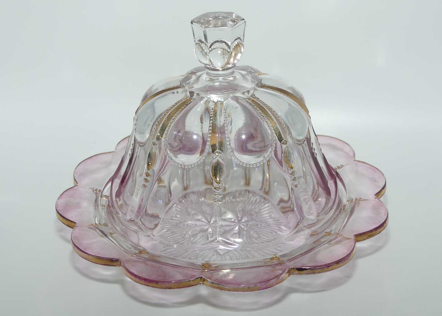 Early American Pressed Glass Rose Cranberry and Gilt Trim butter dish