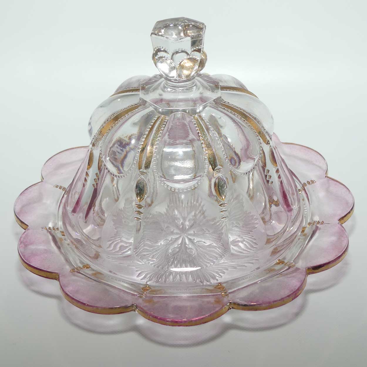 Early American Pressed Glass Rose Cranberry and Gilt Trim butter dish