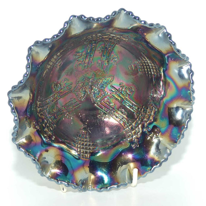 Australian Carnival Glass | Dark Butterfly and Bower footed bowl