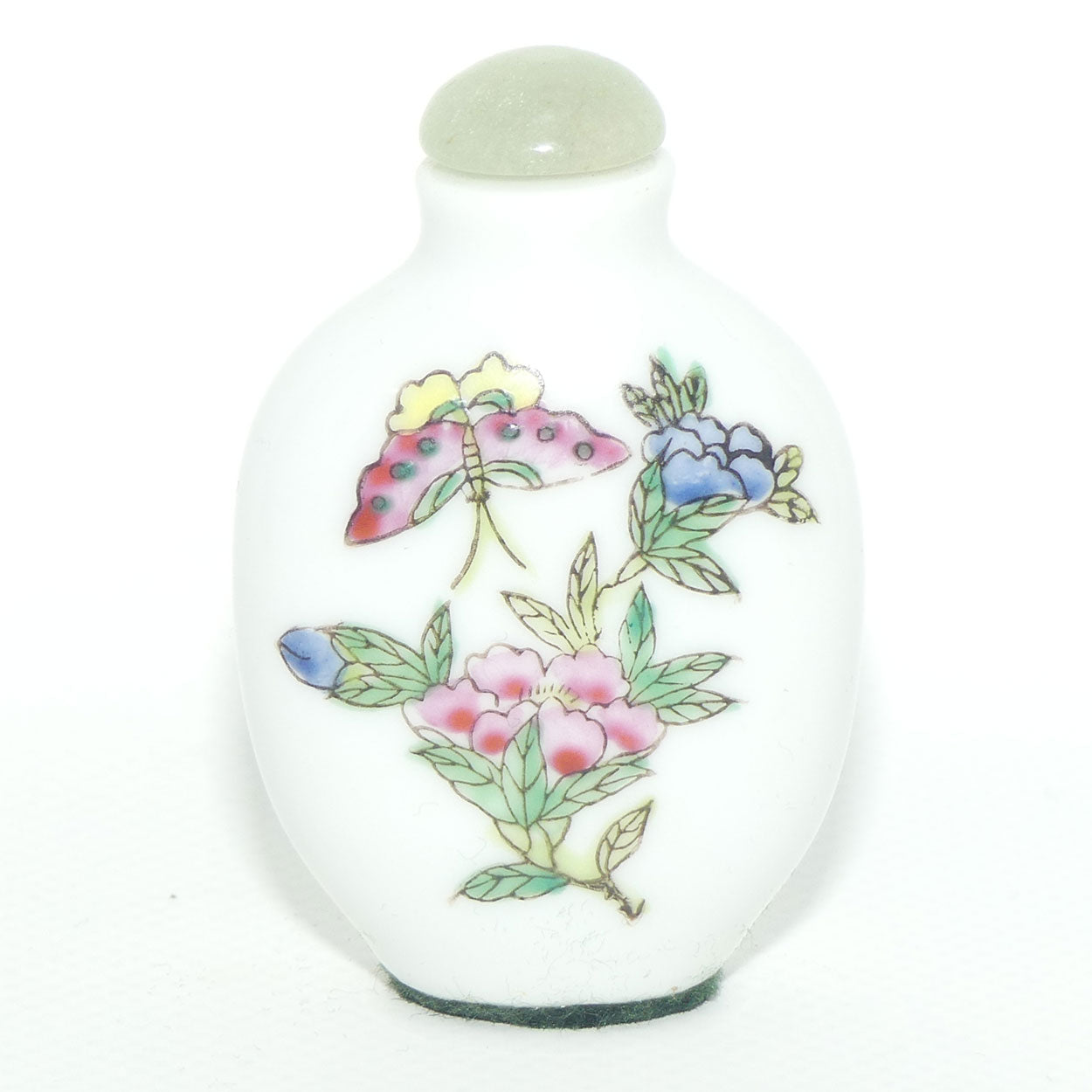 Chinese snuff bottle with greenstone stopper | Butterfly and Flower