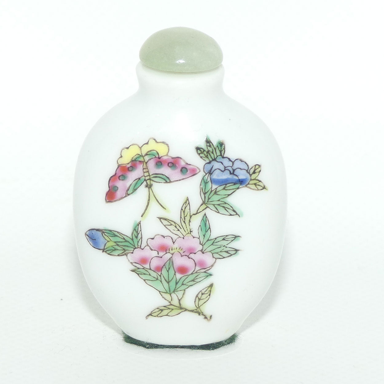 Chinese snuff bottle with greenstone stopper | Butterfly and Flower