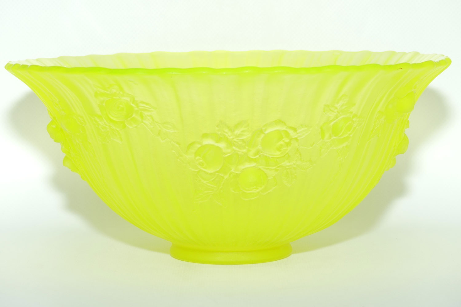 Citrine Glass Cabbage Rose pattern bowl | 24.5cm diam | Uranium Glow