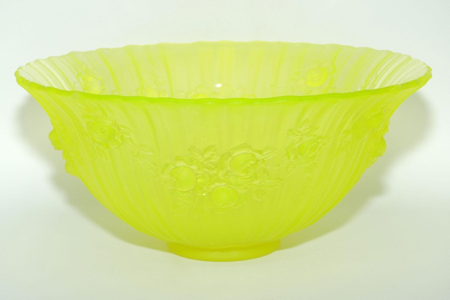 Citrine Glass Cabbage Rose pattern bowl | 24.5cm diam | Uranium Glow
