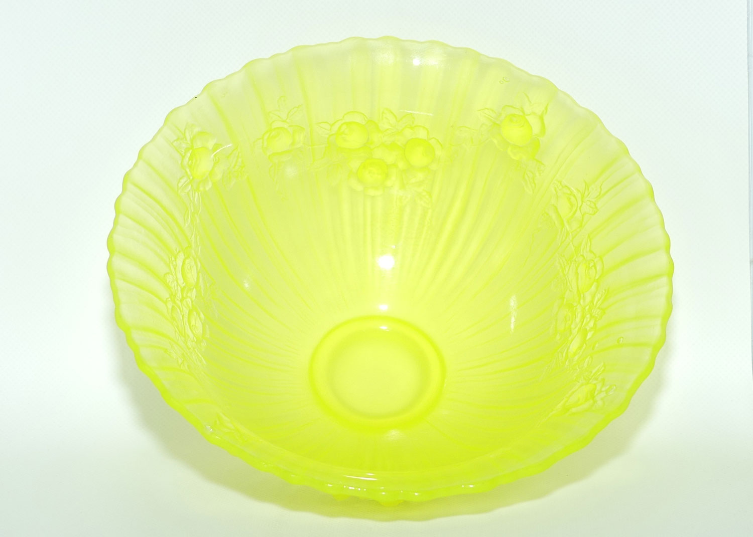 Citrine Glass Cabbage Rose pattern bowl | 24.5cm diam | Uranium Glow