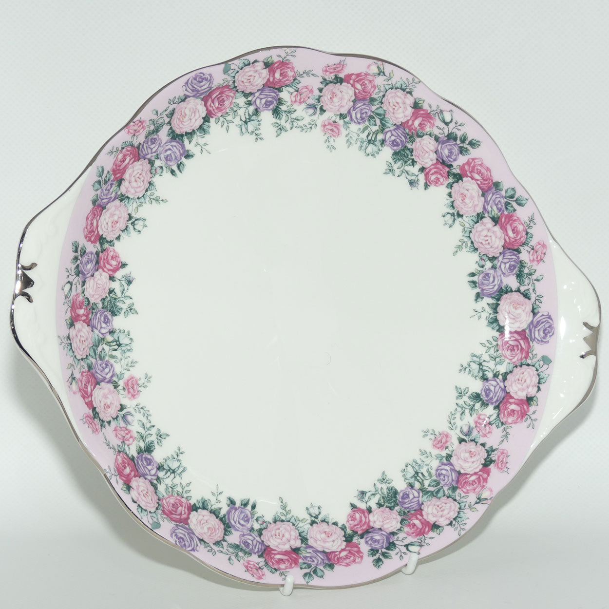 Royal Albert Bone China England Rose Garland tab handle cake plate | later stamp