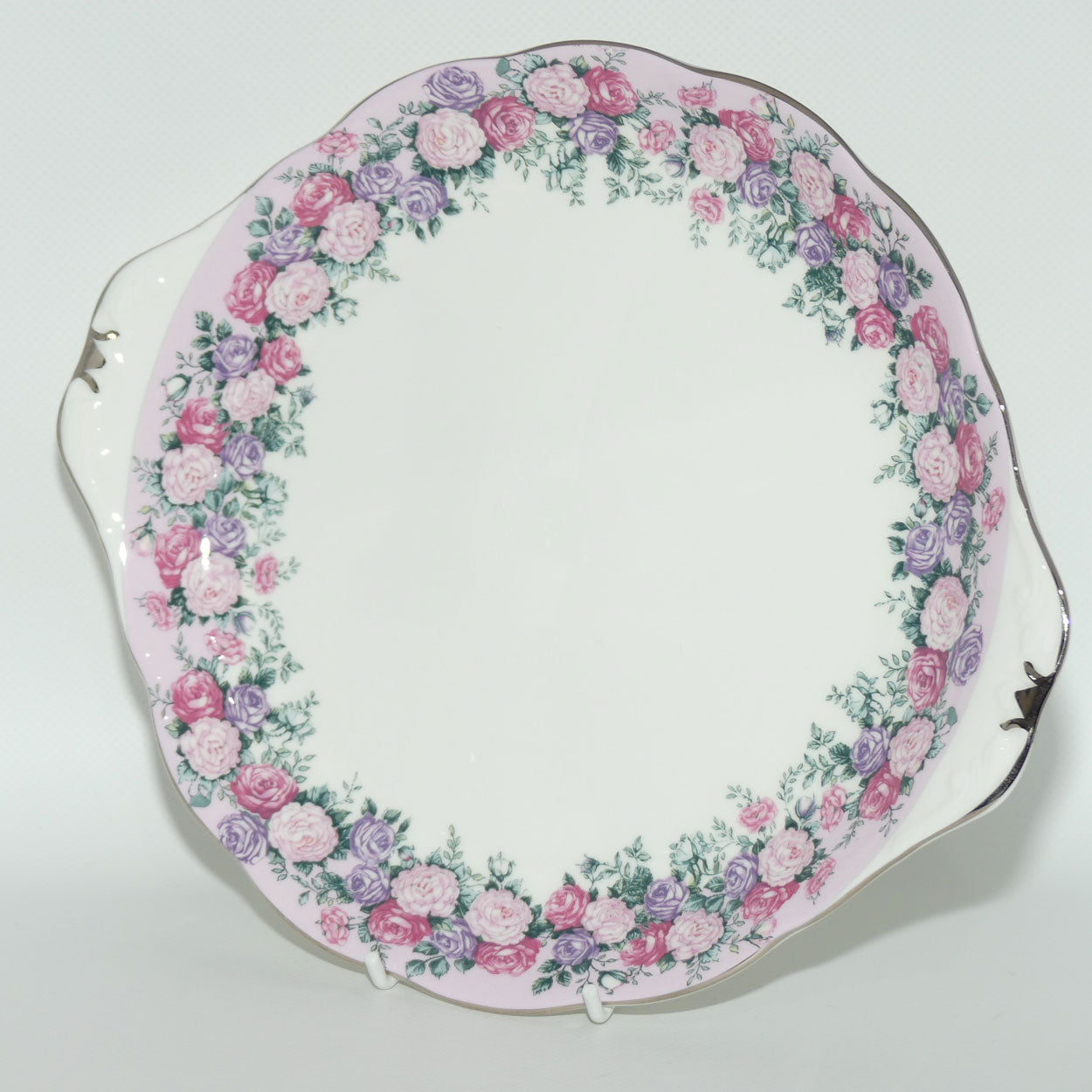 Royal Albert Bone China England Rose Garland tab handle cake plate | later stamp
