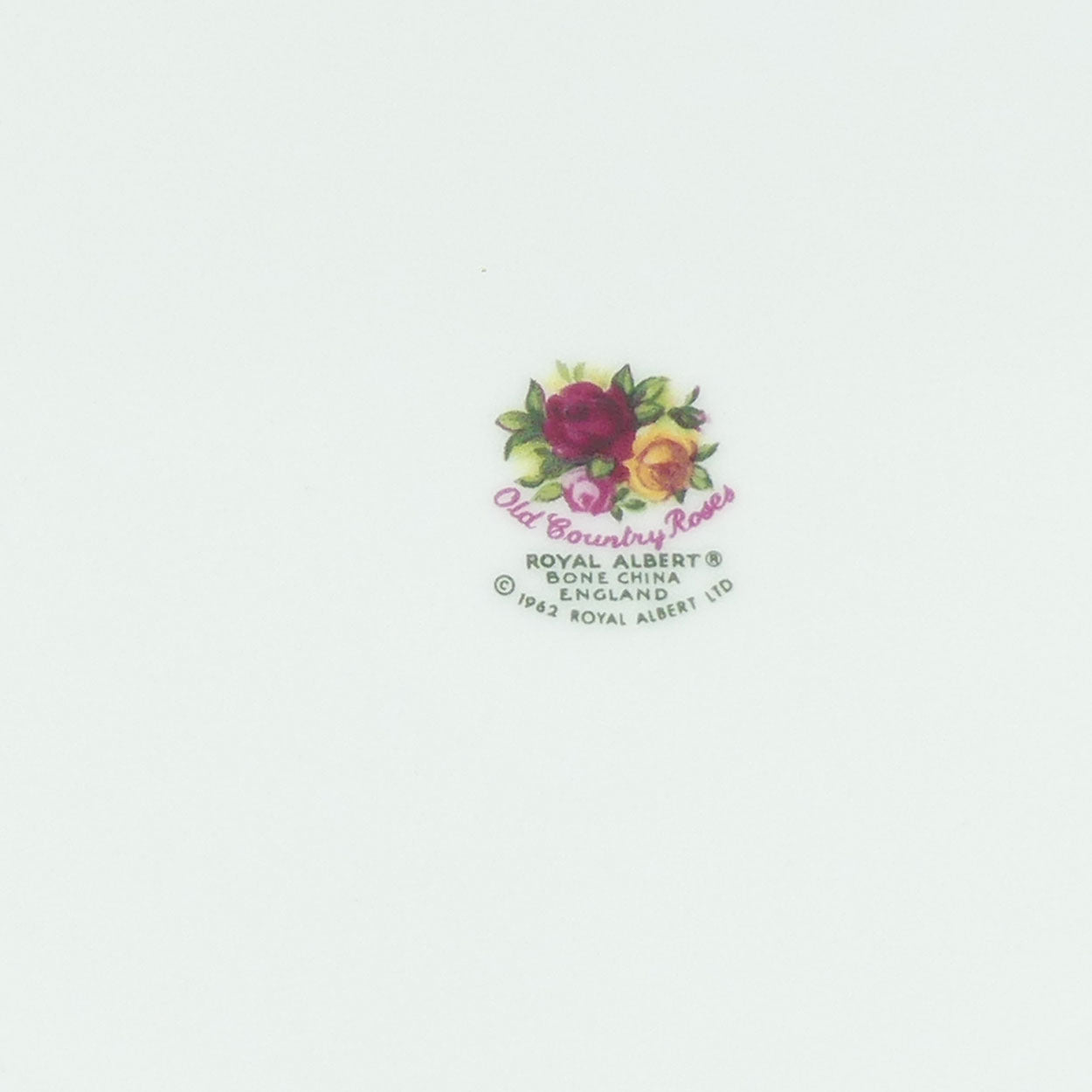 Royal Albert Bone China England Old Country Roses handled cake plate | #2 | © 1962 Royal Albert Ltd backstamp