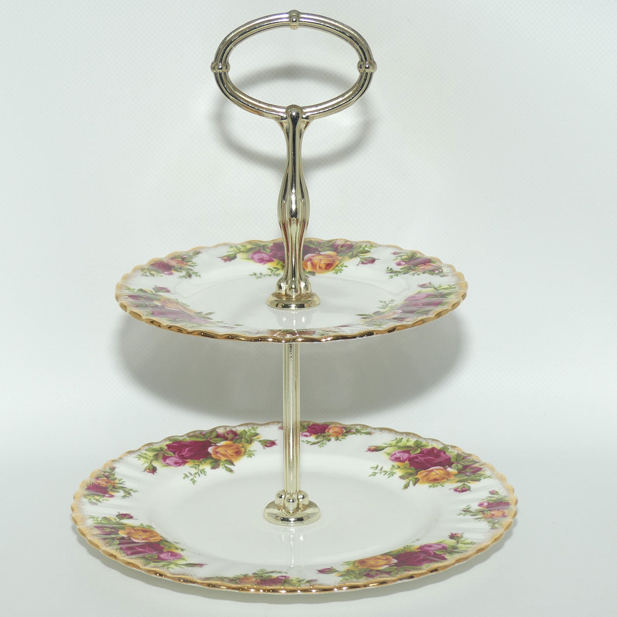 Royal Albert Bone China England Old Country Roses two tier handled cake stand | early stamp