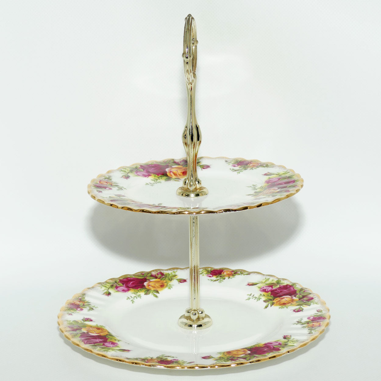 Royal Albert Bone China England Old Country Roses two tier handled cake stand | early stamp