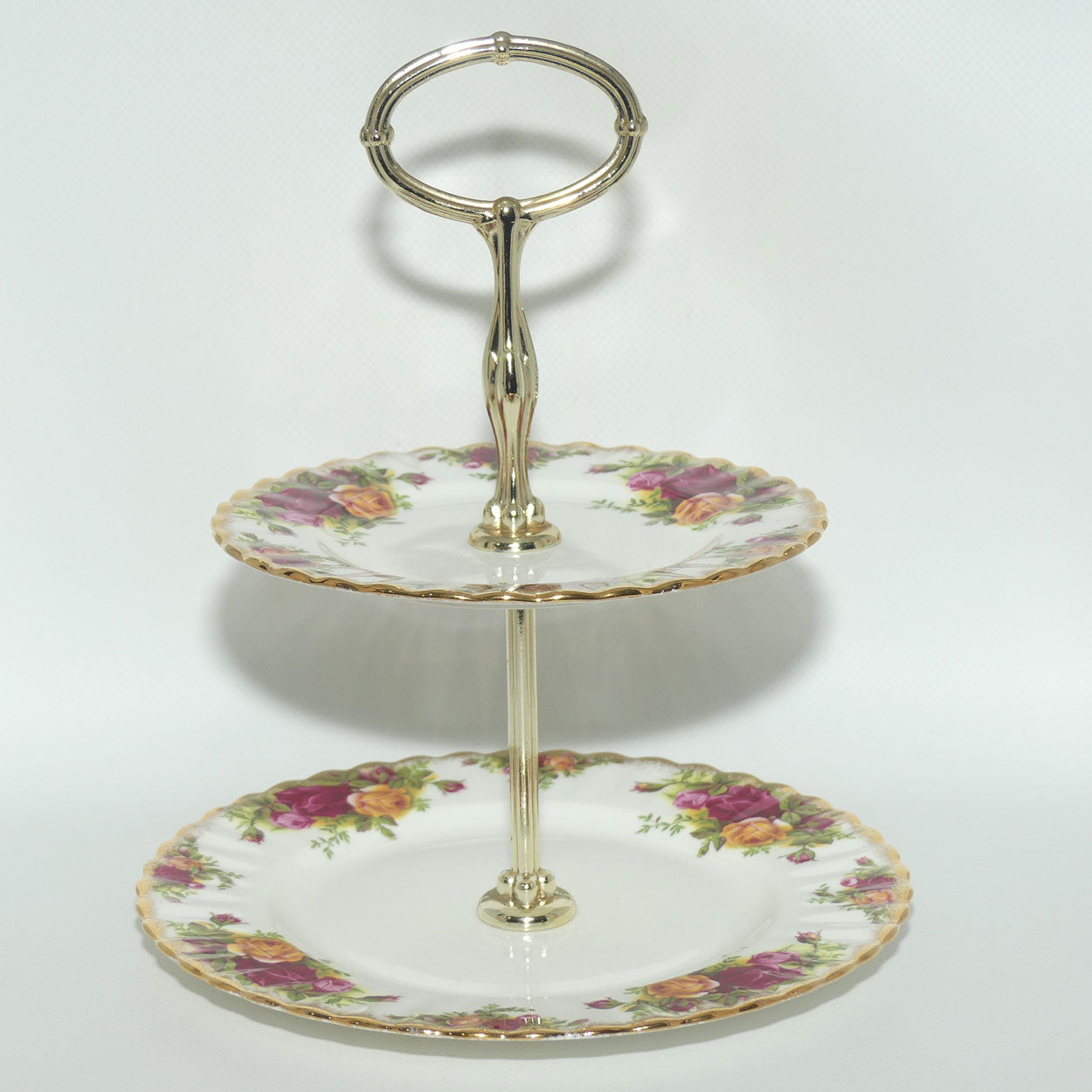 Royal Albert Bone China England Old Country Roses two tier handled cake stand | early stamp