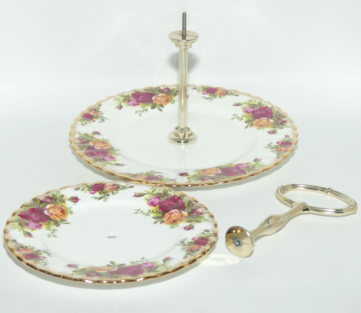Royal Albert Bone China England Old Country Roses two tier handled cake stand | early stamp