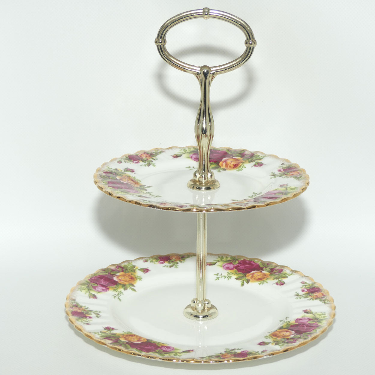 Royal Albert Bone China England Old Country Roses two tier handled cake stand | early stamp