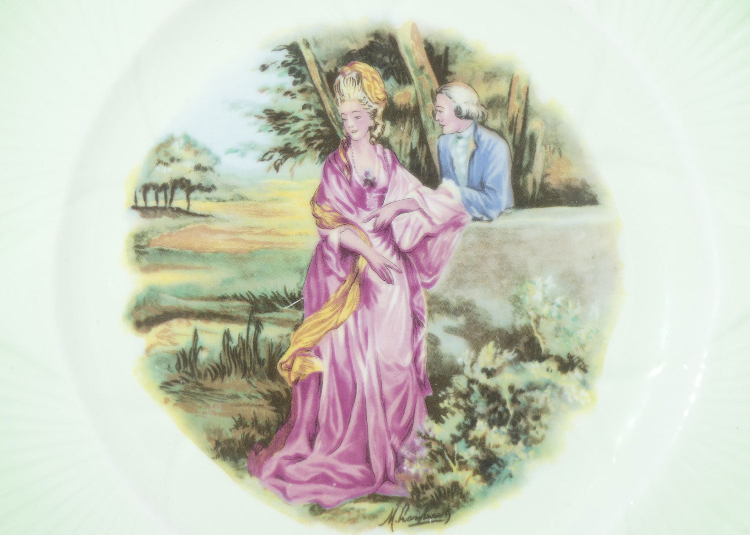 Shelley England Courting Scene plate | Lady Standing | Green border | Dainty