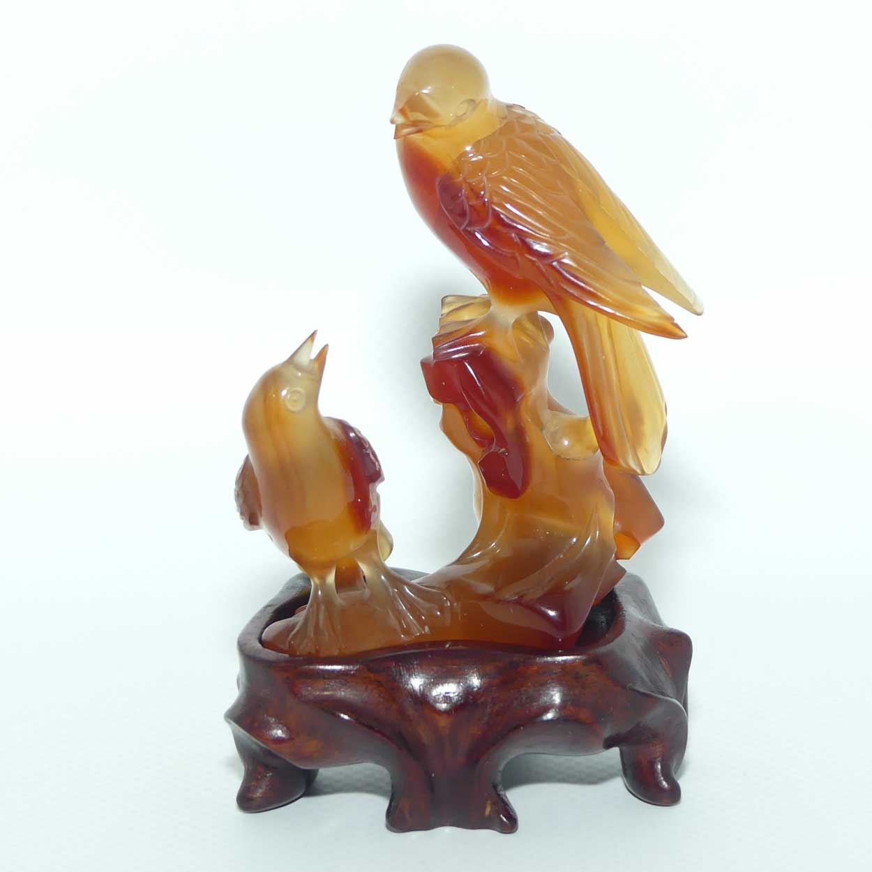 Mid 20th Century Chinese Carnelian Agate of Birds on wooden stand