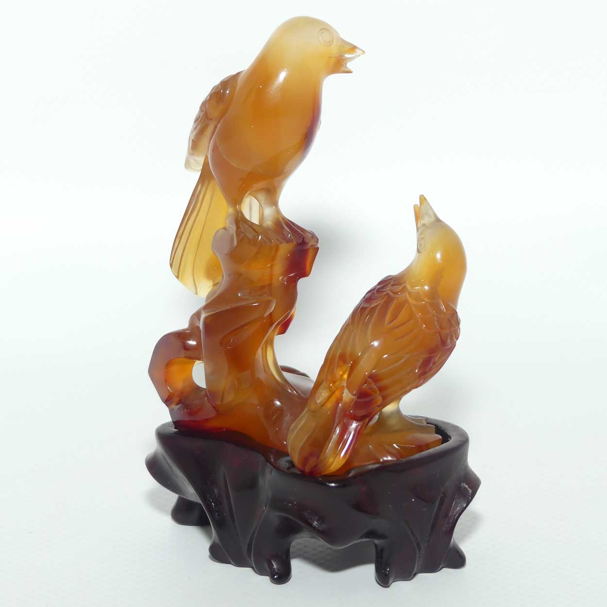 Mid 20th Century Chinese Carnelian Agate of Birds on wooden stand
