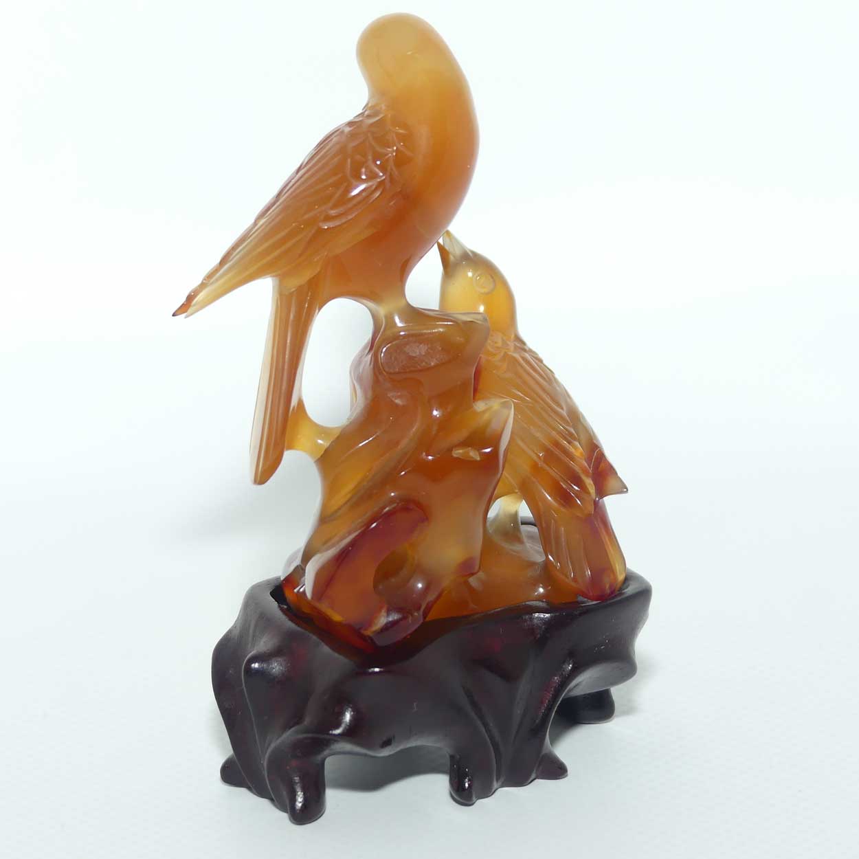 Mid 20th Century Chinese Carnelian Agate of Birds on wooden stand