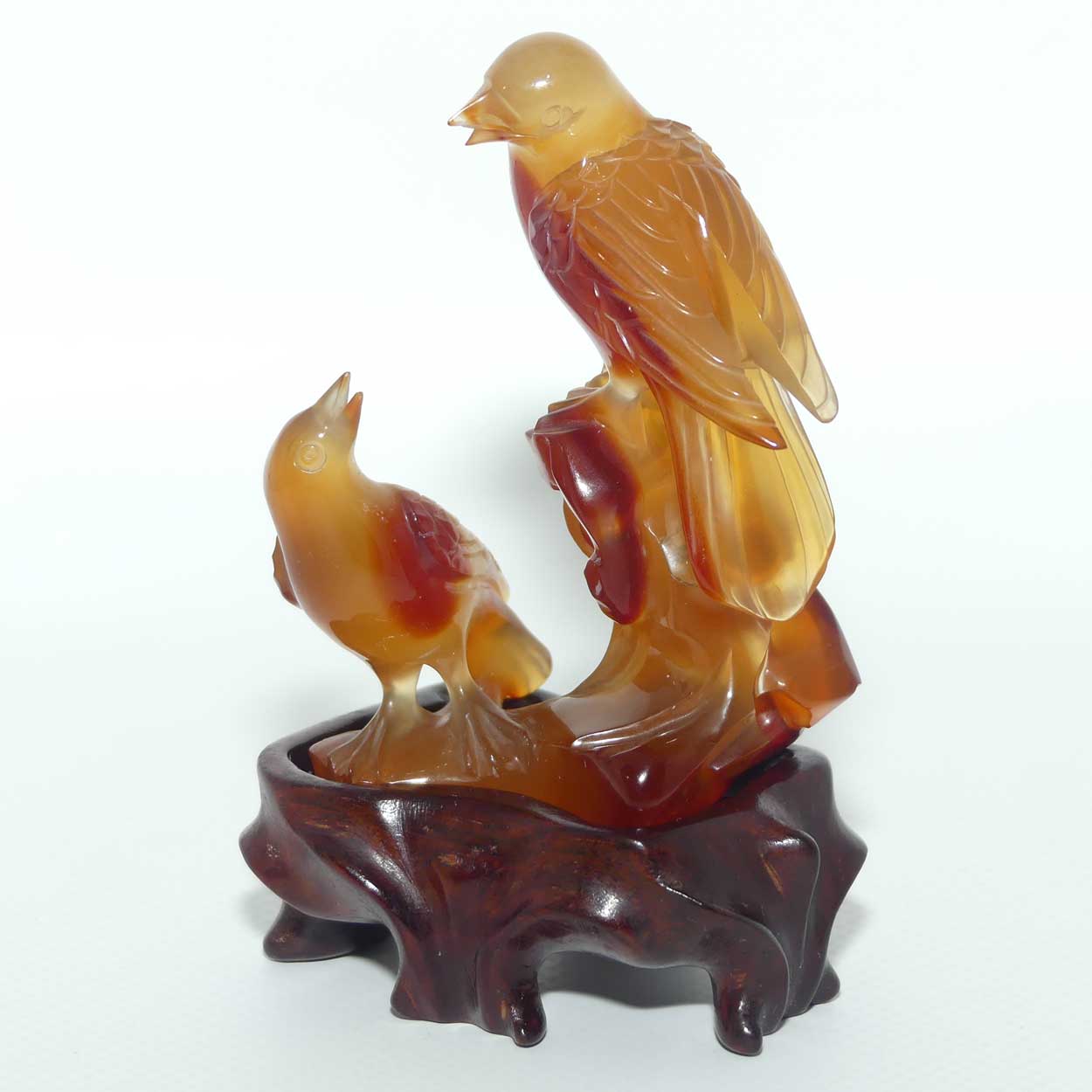 Mid 20th Century Chinese Carnelian Agate of Birds on wooden stand