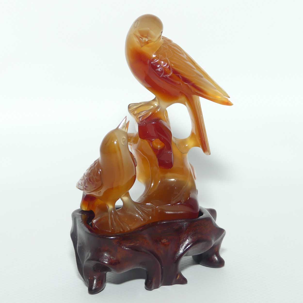 Mid 20th Century Chinese Carnelian Agate of Birds on wooden stand