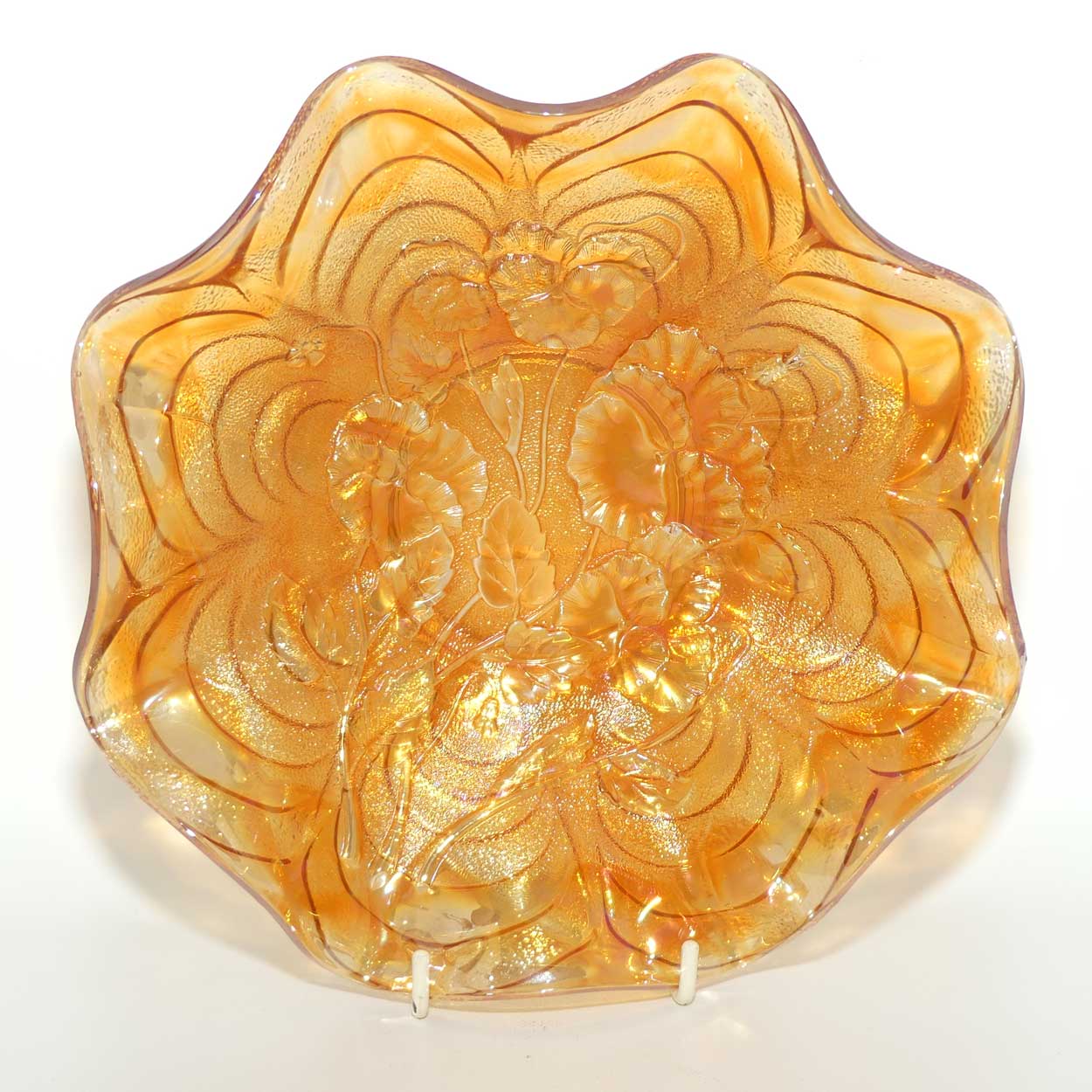 Marigold Carnival glass bowl | Pansies | 23cm diam