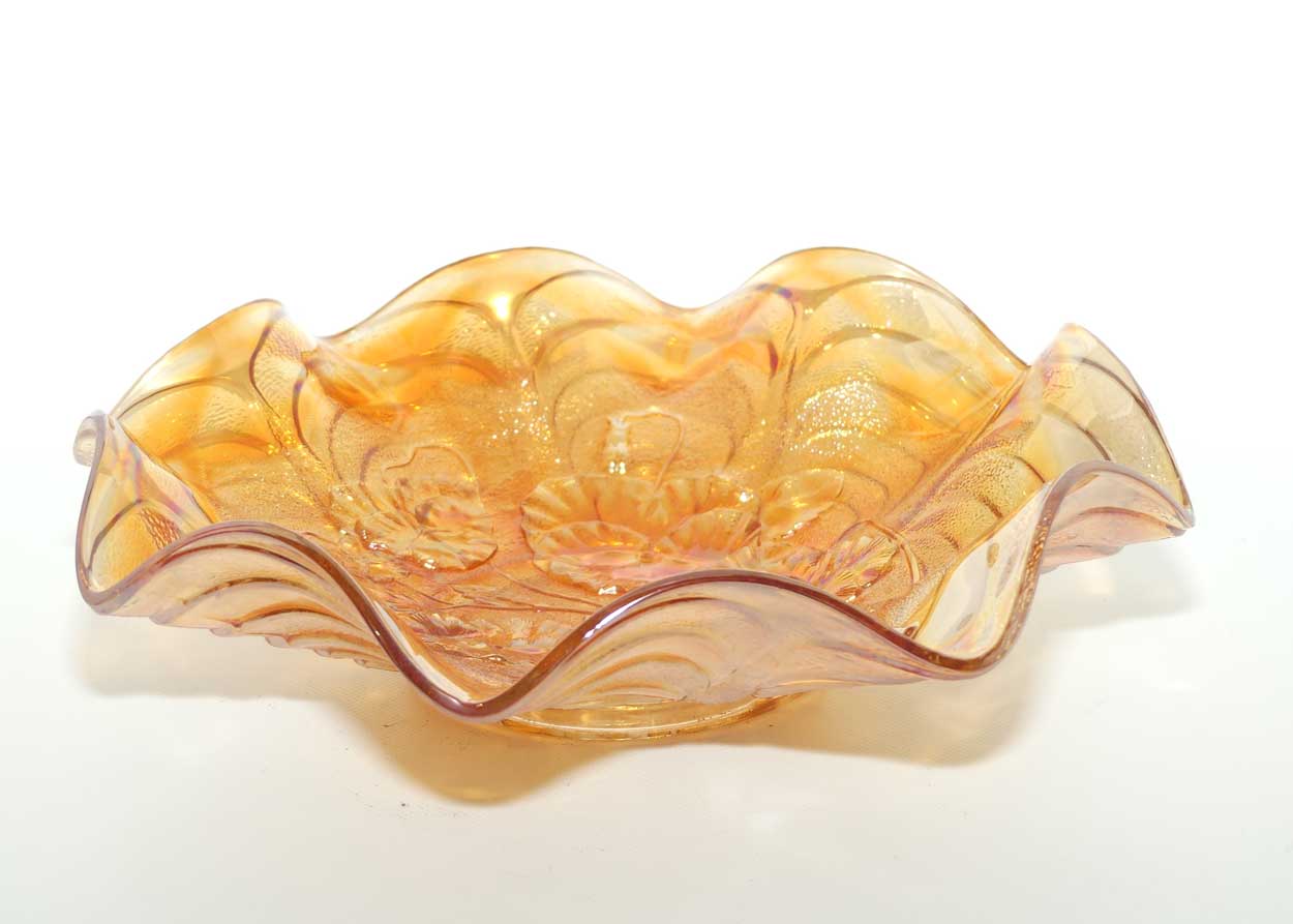 Marigold Carnival glass bowl | Pansies | 23cm diam