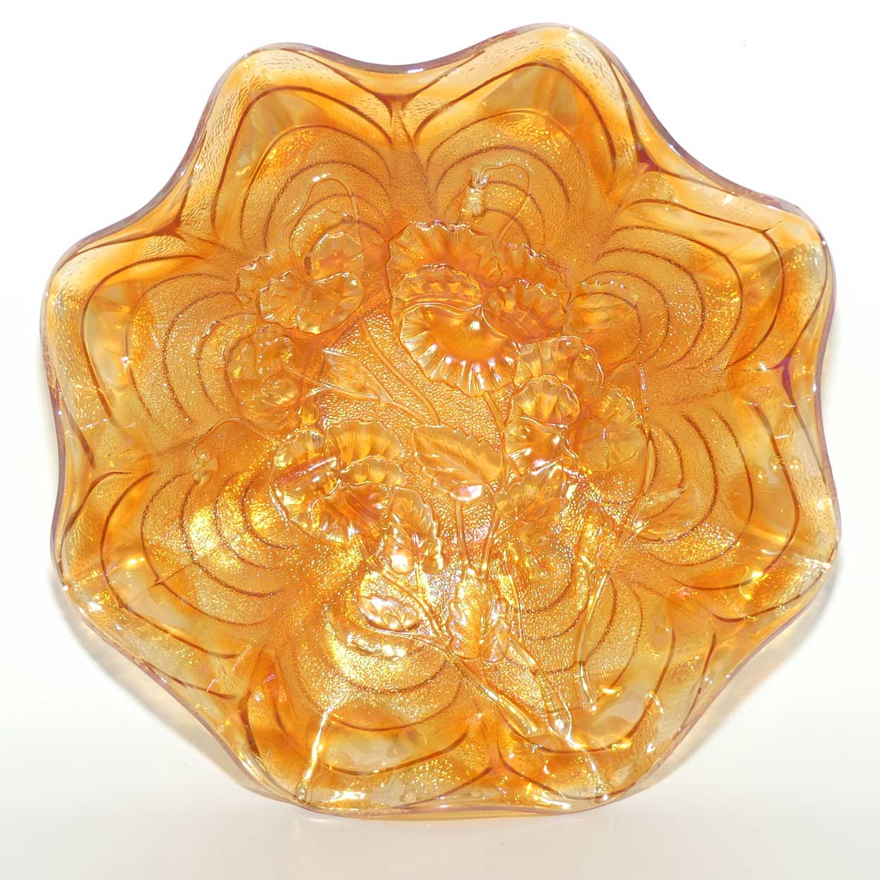 Marigold Carnival glass bowl | Pansies | 23cm diam