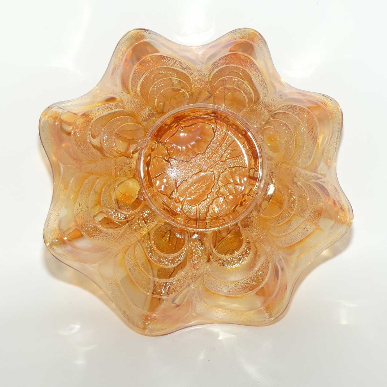 Marigold Carnival glass bowl | Pansies | 23cm diam