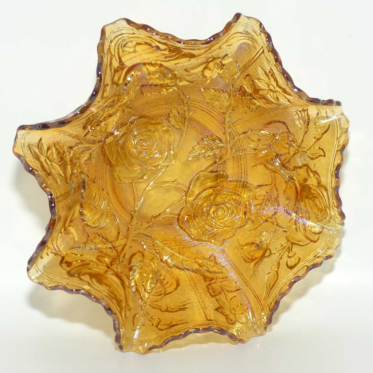 Amber Marigold Carnival Glass English Roses bowl | 23cm diam