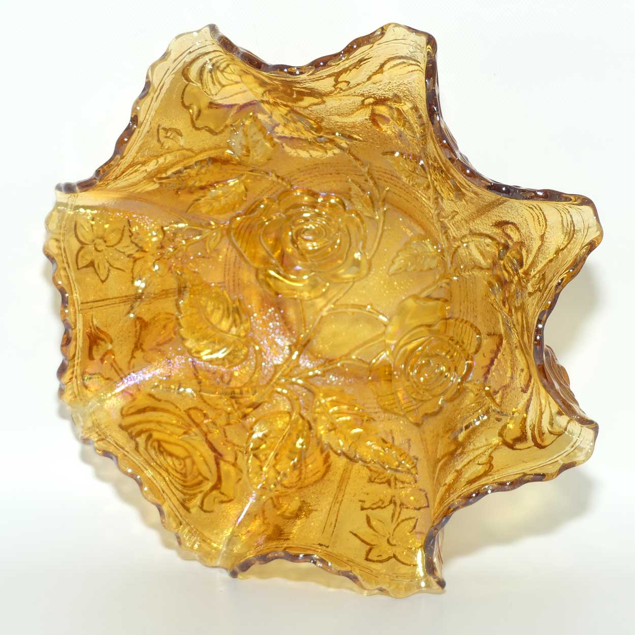 Amber Marigold Carnival Glass English Roses bowl | 23cm diam