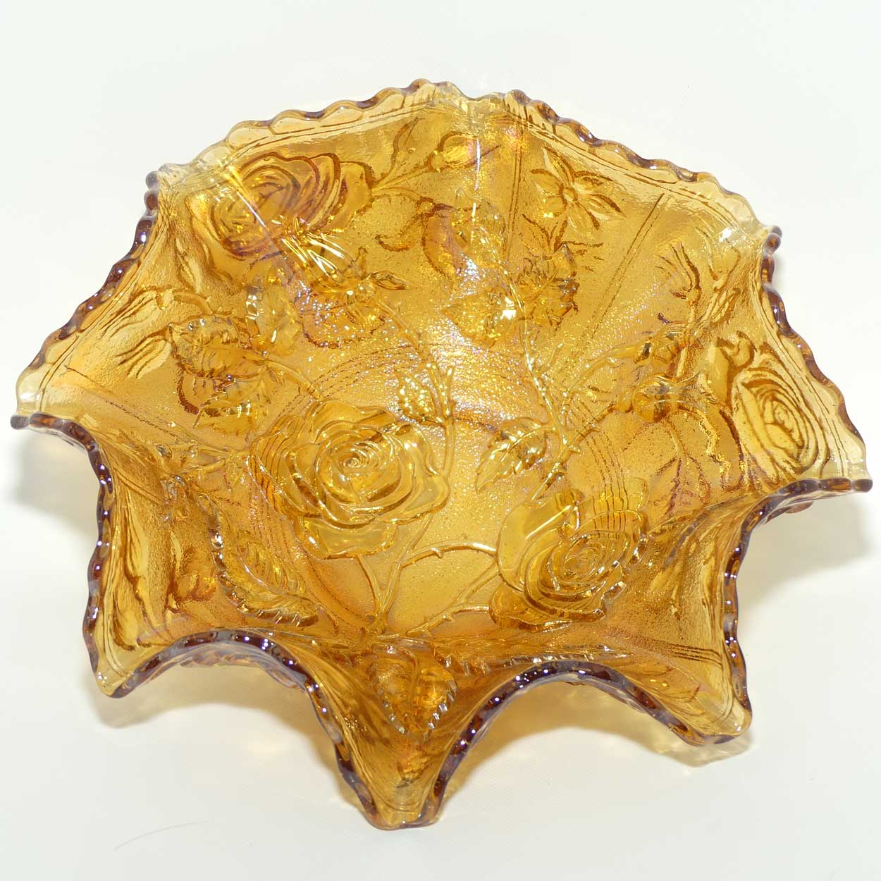 Amber Marigold Carnival Glass English Roses bowl | 23cm diam