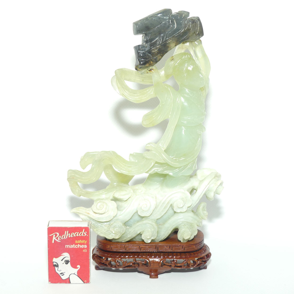 Mid 20th Century Chinese Nephrite Green Jade Lady Carrying Log to Afterlife on stand