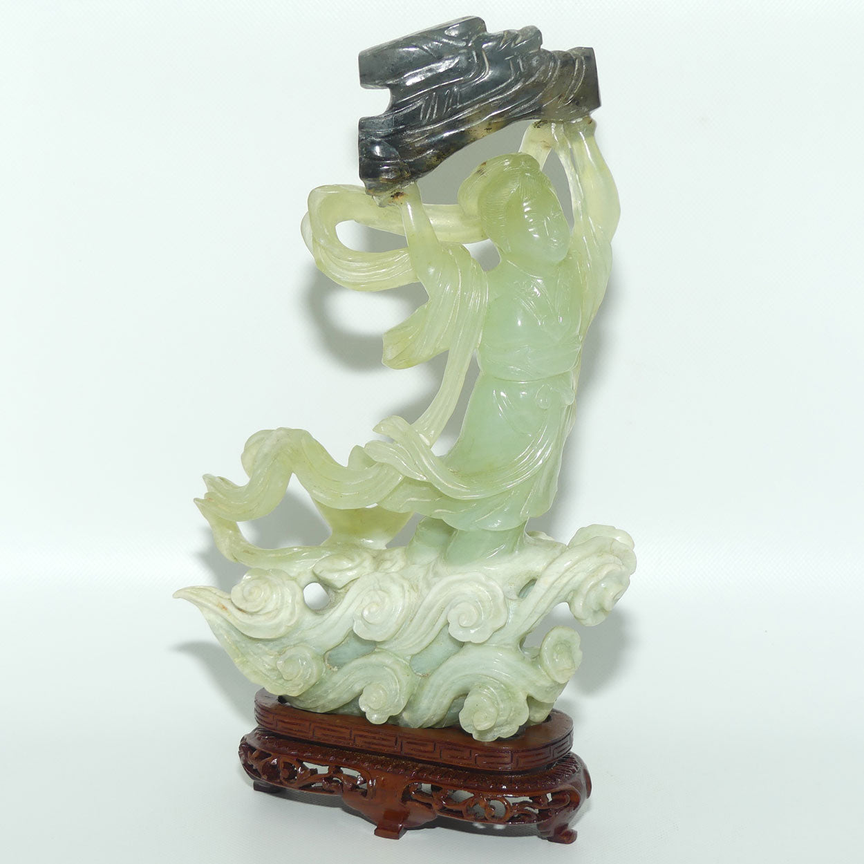 Mid 20th Century Chinese Nephrite Green Jade Lady Carrying Log to Afterlife on stand 