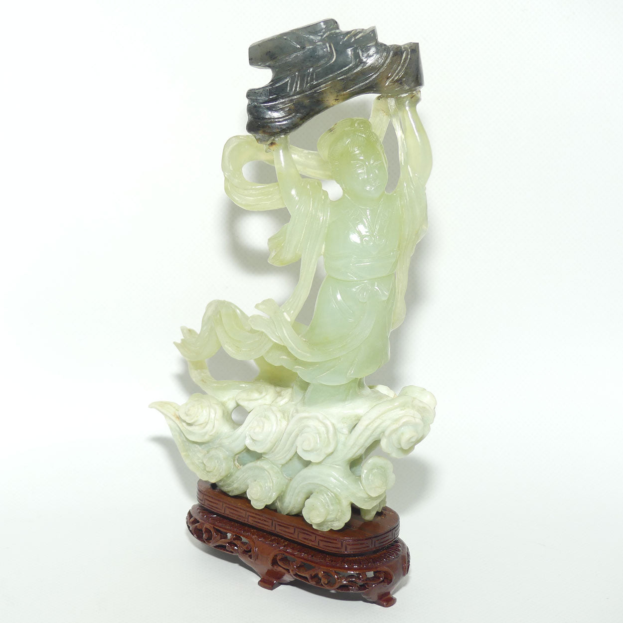 Mid 20th Century Chinese Nephrite Green Jade Lady Carrying Log to Afterlife on stand