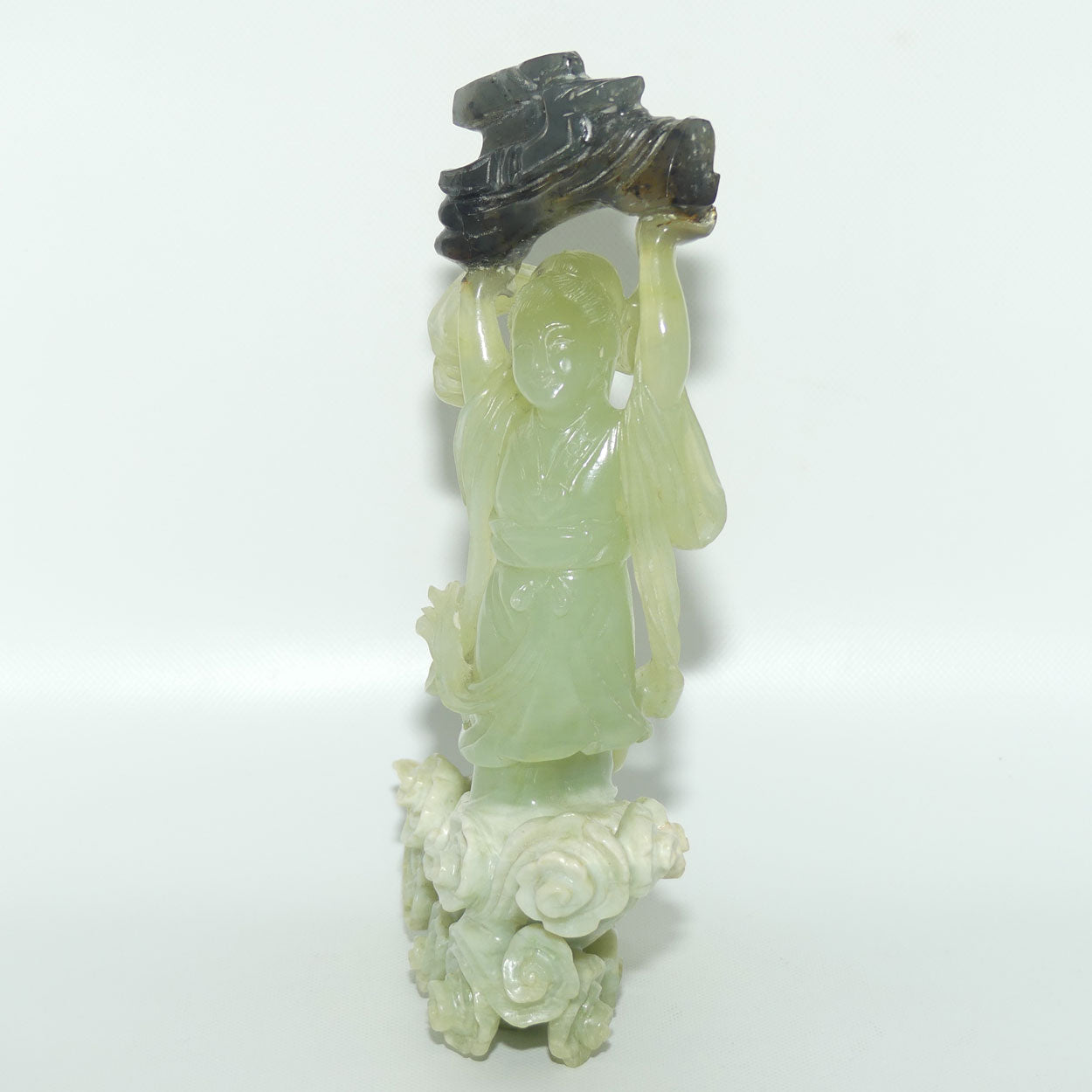 Mid 20th Century Chinese Nephrite Green Jade Lady Carrying Log to Afterlife on stand 