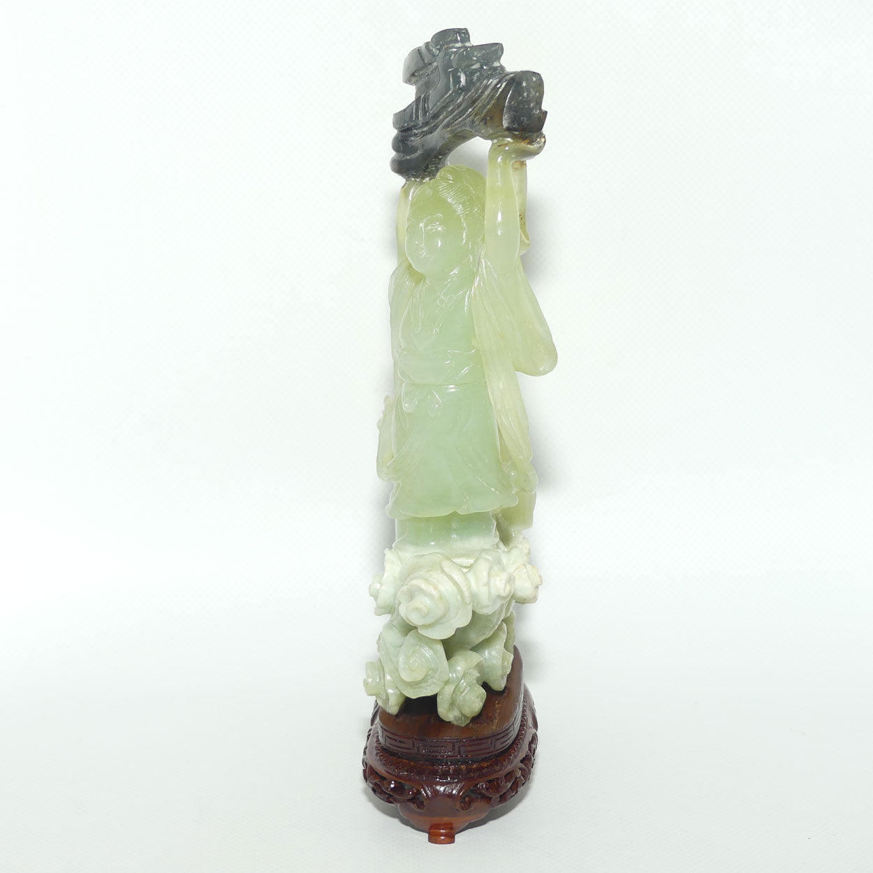 Mid 20th Century Chinese Nephrite Green Jade Lady Carrying Log to Afterlife on stand
