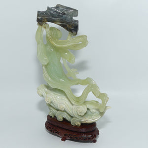 Mid 20th Century Chinese Nephrite Green Jade Lady Carrying Log to Afterlife on stand