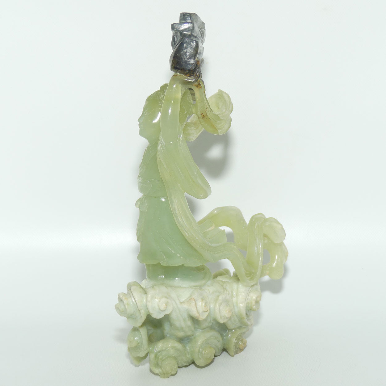 Mid 20th Century Chinese Nephrite Green Jade Lady Carrying Log to Afterlife on stand 