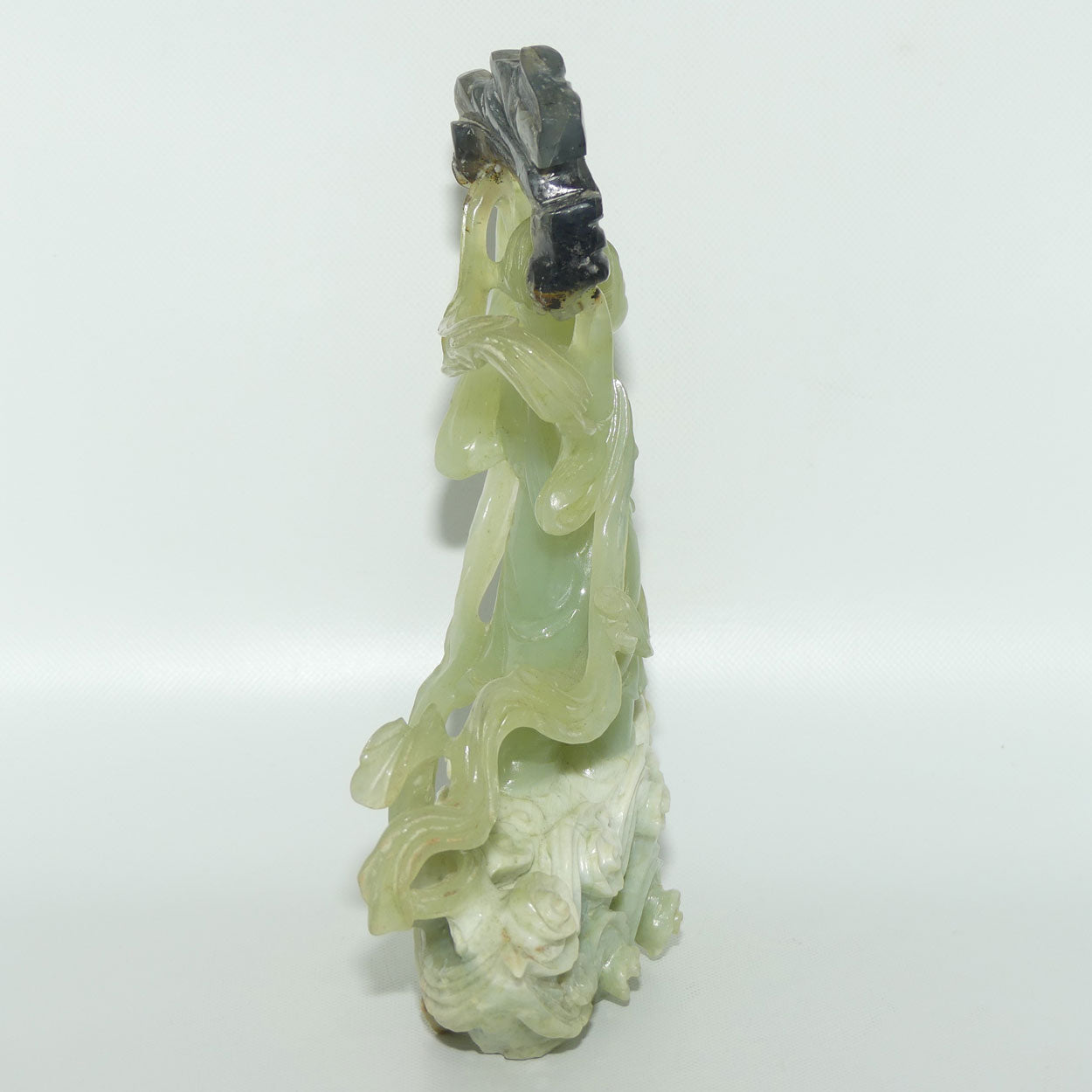 Mid 20th Century Chinese Nephrite Green Jade Lady Carrying Log to Afterlife on stand 