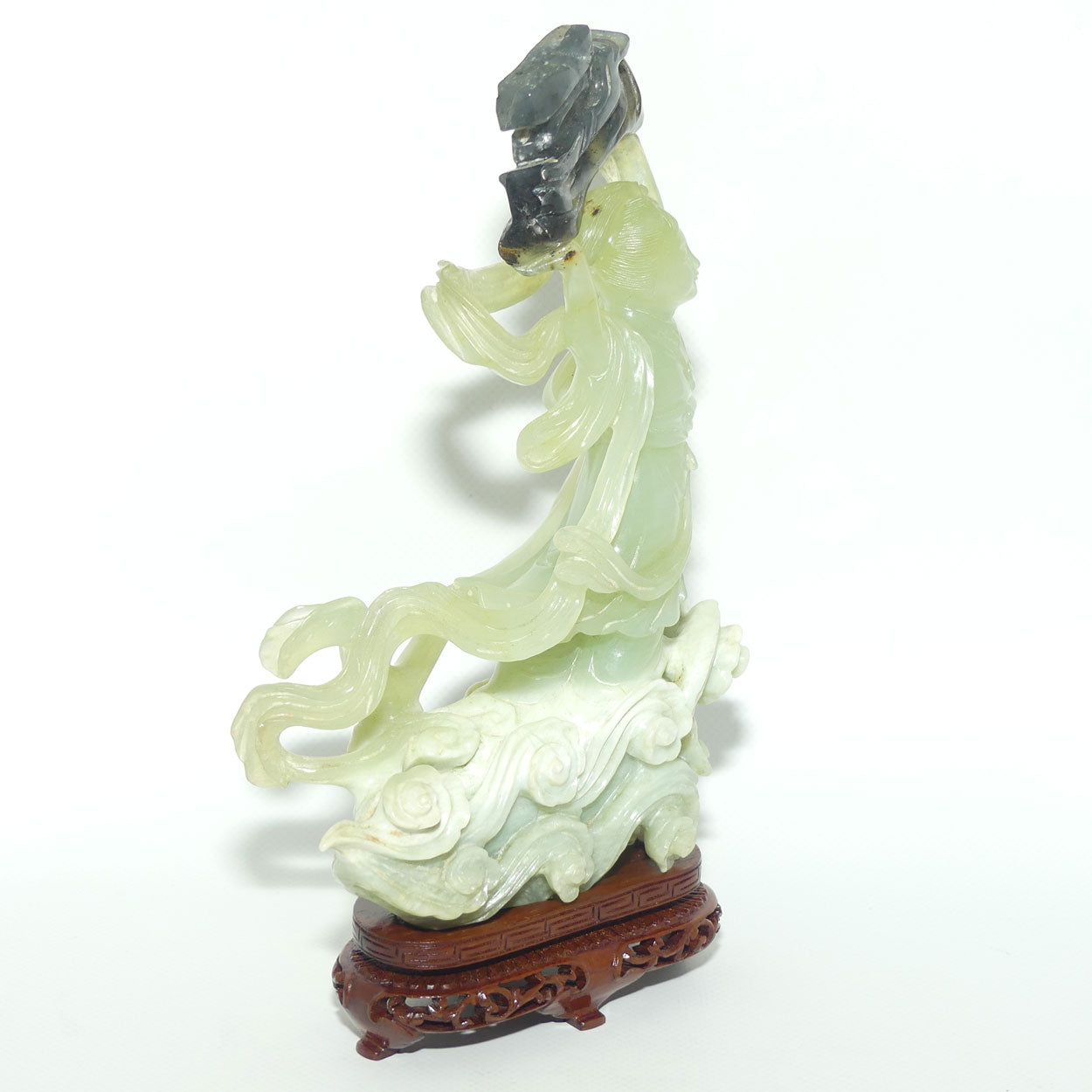 Mid 20th Century Chinese Nephrite Green Jade Lady Carrying Log to Afterlife on stand