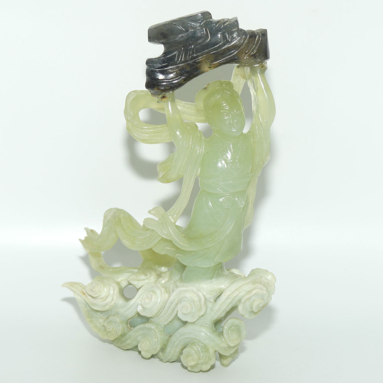 Mid 20th Century Chinese Nephrite Green Jade Lady Carrying Log to Afterlife on stand 