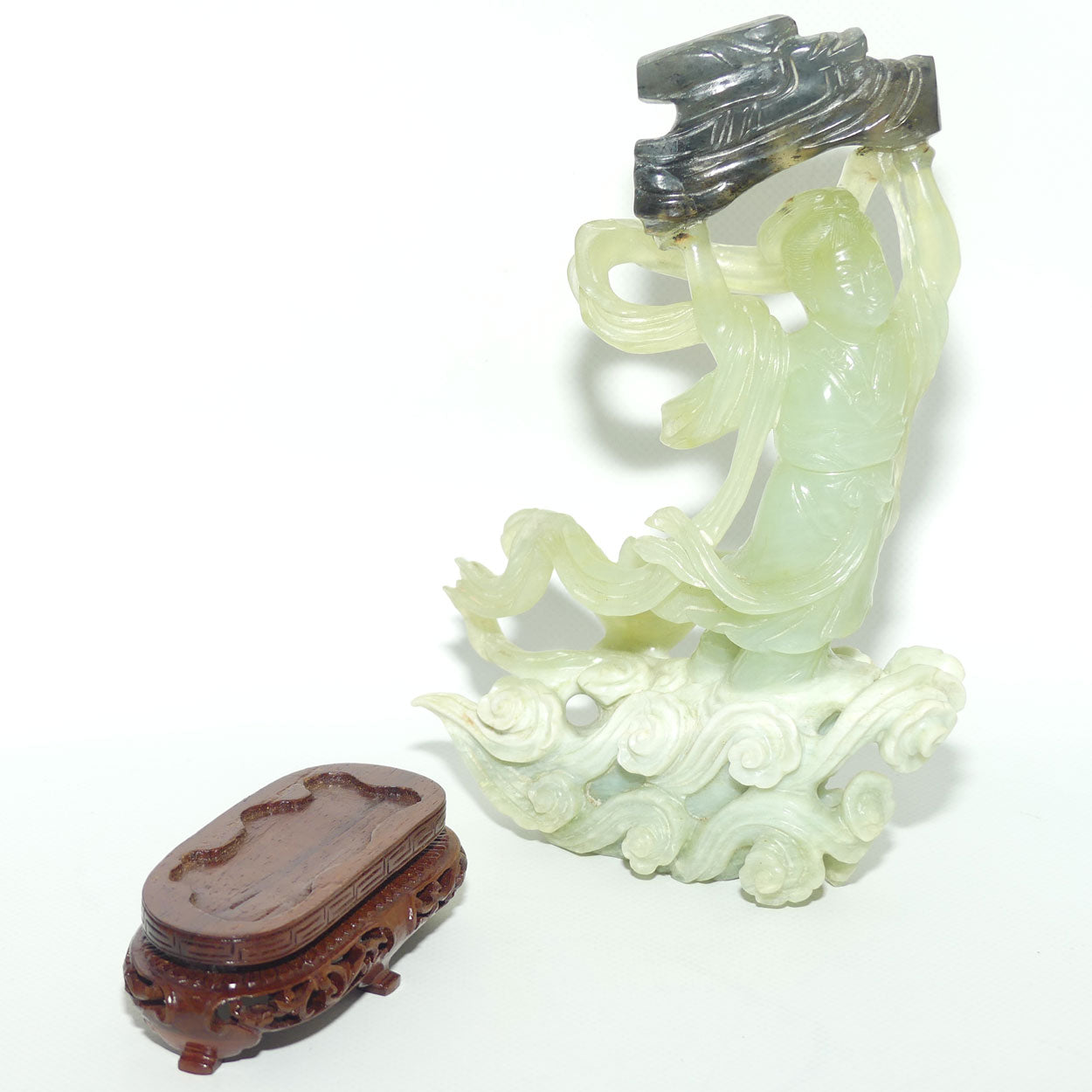 Mid 20th Century Chinese Nephrite Green Jade Lady Carrying Log to Afterlife on stand