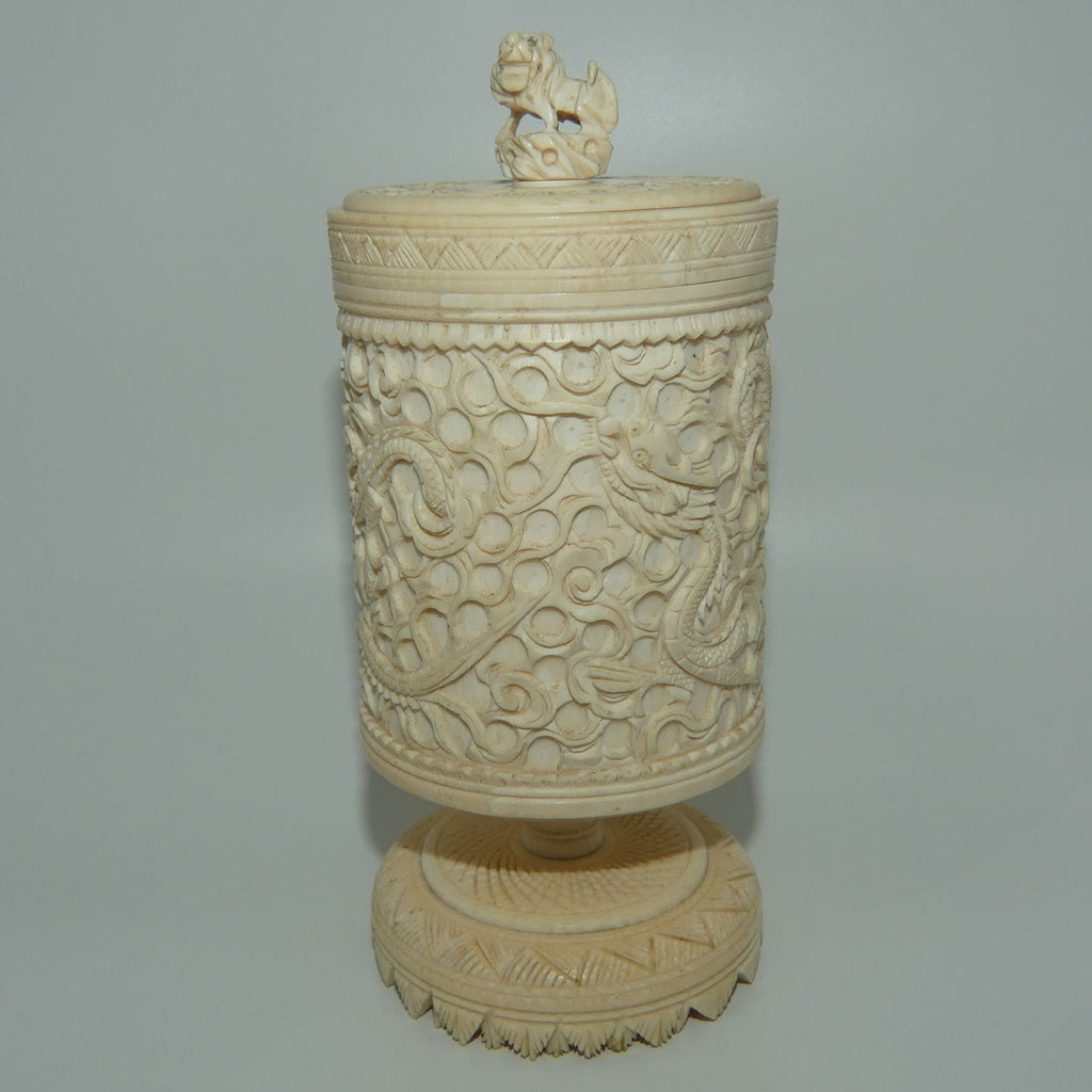 Elaborately carved Ivory lidded pot | Lion finial | Continuous Dragon