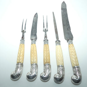 Victorian era Sheffield Cutlery 5 piece Bone Handled Carving set